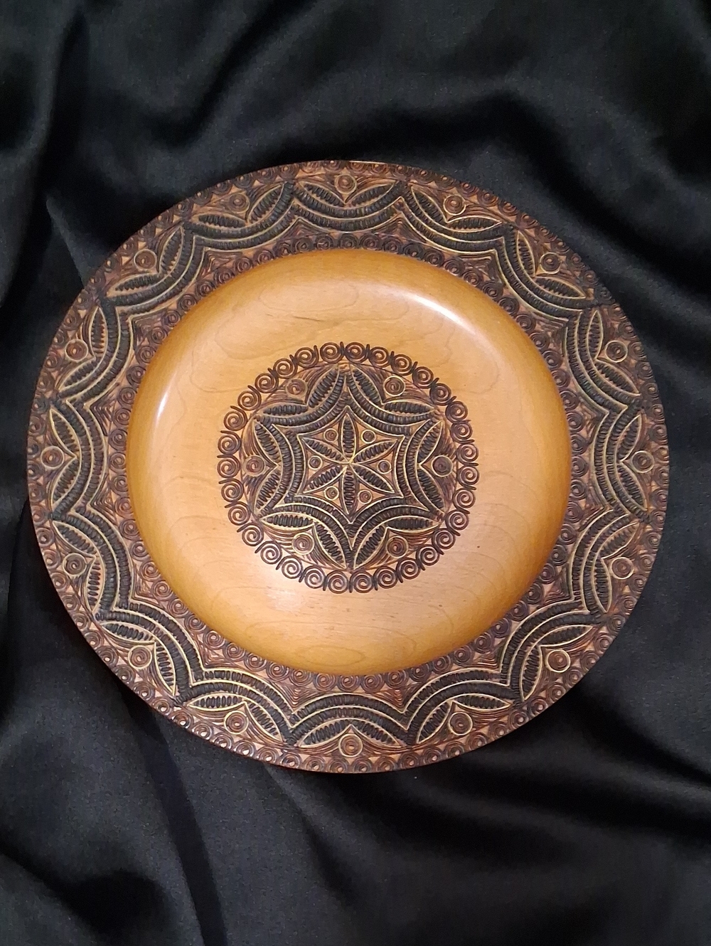 Vintage Polish Handcarved Plate - Brass Inlay - Pyrography - Wall Decor - 10"